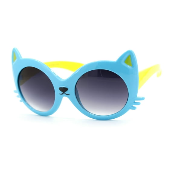 Girls Children Size Kitty Ear Whisker Round Plastic Sunglasses Blue Smoke