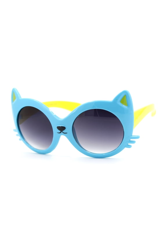 Girls Children Size Kitty Ear Whisker Round Plastic Sunglasses Blue Smoke