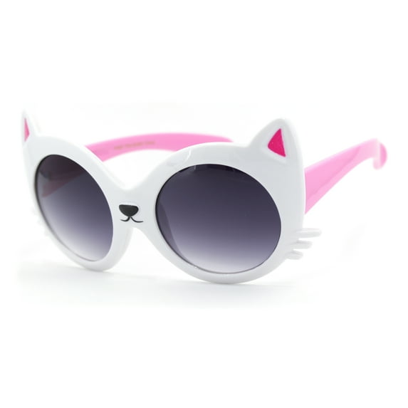 Girls Children Size Kitty Ear Whisker Round Plastic Sunglasses White Smoke