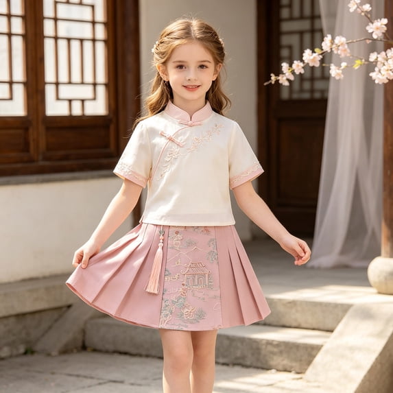 Girls Chinese Embroidered Pleated Skirt, Floral A-Line Midi Skirt with Elastic Waist for Kids