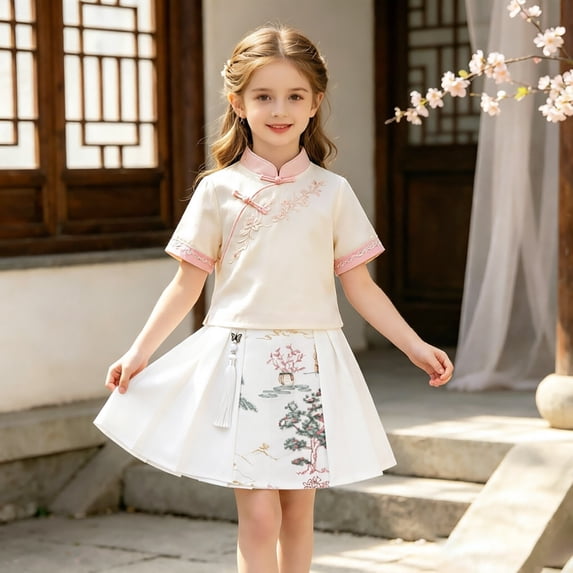 Girls Chinese Embroidered Pleated Skirt, Floral A-Line Midi Skirt with Elastic Waist for Kids