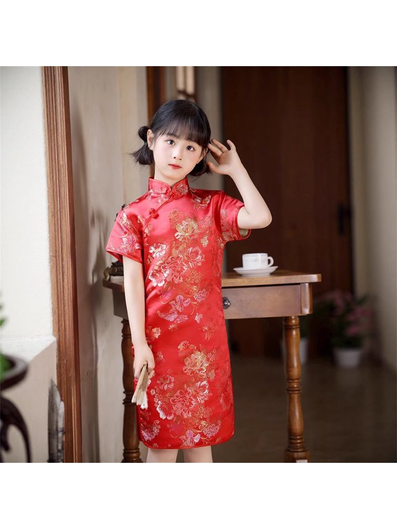 Girls Chinese Qipao Dress Peony Pattern Short Sleeve Cheongsam for Birthday Party Wedding(Red,4-5 Years)