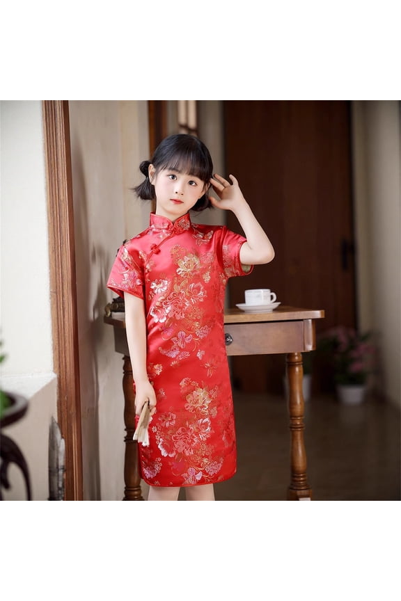 Girls Chinese Qipao Dress Peony Pattern Short Sleeve Cheongsam for Birthday Party Wedding(Red,6-12 Months)