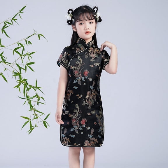 Girls' Chinese Style Cheongsam Dress with Retro Frog Buttons and Stand Collar,Floral Print Traditional Gown for Parties,Cultural Events,Special Occasions,Festive Celebrations, and Photo Shoots Black