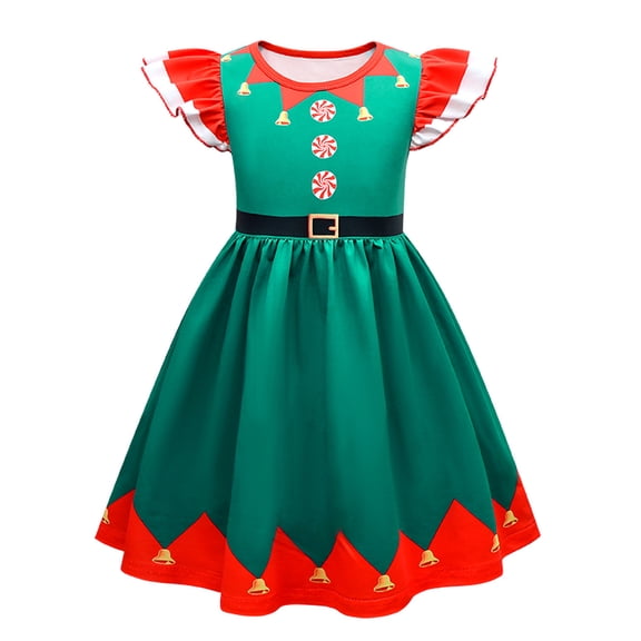 Girls Christmas Cartoon Dress Flutter Sleeves Skirt Xmas Outfit