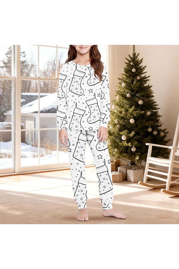 Girls Christmas Casual Set White, Soft Stretch Festive Stocking Pattern Loose, 1 Top 1 Pant Casual for 5-16 Years Female,Size 5 T