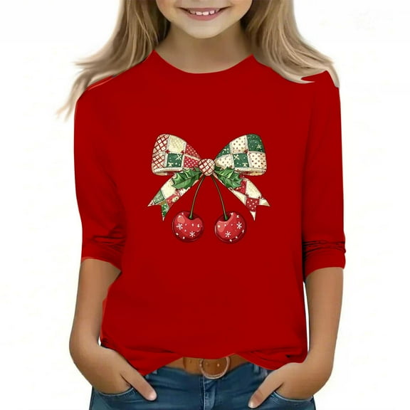 Girls Christmas Clothes 3/4 Length Sleeve Crew Neck T-Shirts Xmas Printed Graphic Pullover Tees Holiday Tops (12-13Years, Red 01)