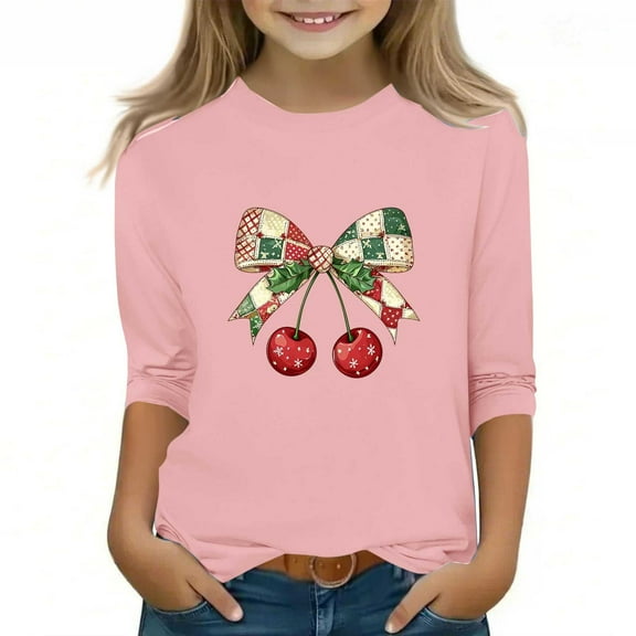 Girls Christmas Clothes 3/4 Length Sleeve Crew Neck T-Shirts Xmas Printed Graphic Pullover Tees Holiday Tops (5-6Years, Pink 01)