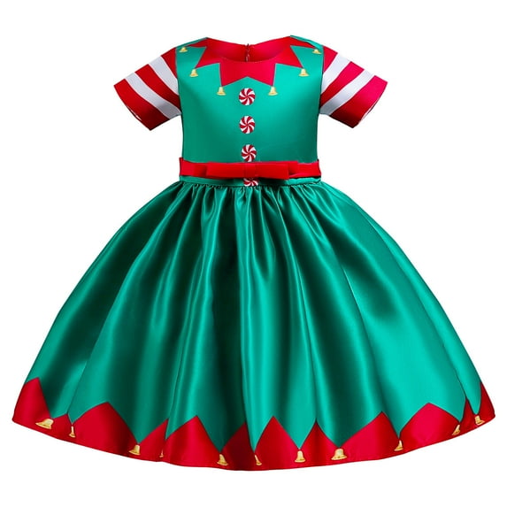 Girls Christmas Costume Holiday Dress Santa Claus Elf Printed Xmas Eve Party Outfits