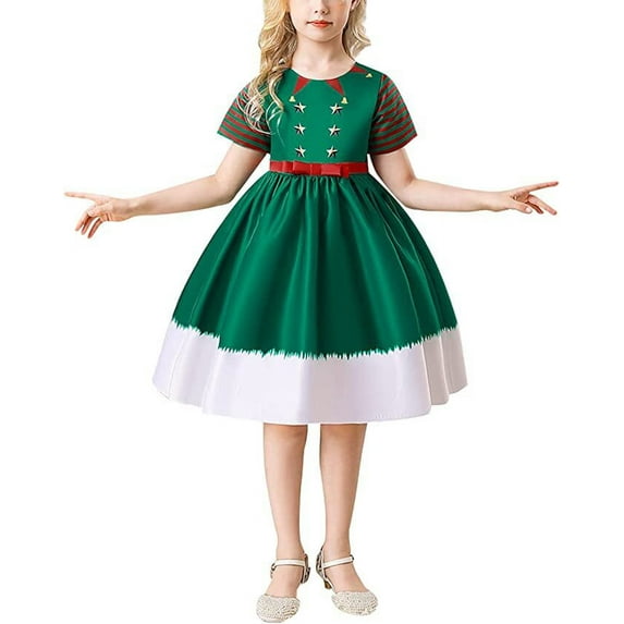 Girls Christmas Costume Holiday Dress Santa Claus Elf Printed Xmas Eve Party Outfits