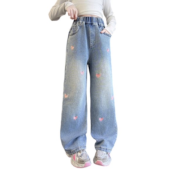 Girls Christmas Denim Pants With Heart Embroidery Fashion Straight Leg Kids Casual Wide Leg Bottoms Fall Season Clothes