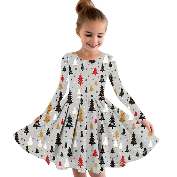 Girls Christmas Dress Christmas Tree Printed Long Sleeve Dress Swing Tea-Party Xmas Dresses Casual A-Line Fall Dresses, Gray, 9 Years