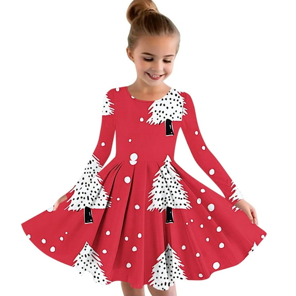 Girls Christmas Dress Christmas Tree Printed Long Sleeve Dress Swing Tea-Party Xmas Dresses Casual A-Line Fall Dresses, Hot Pink, 7 Years