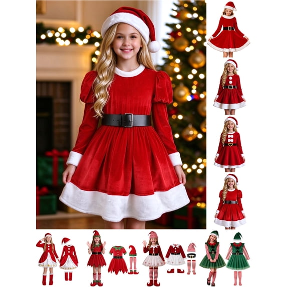 Santa Ress Girls Christmas Dress, Classic Red Santa Costume with Hat, Faux Fur ...