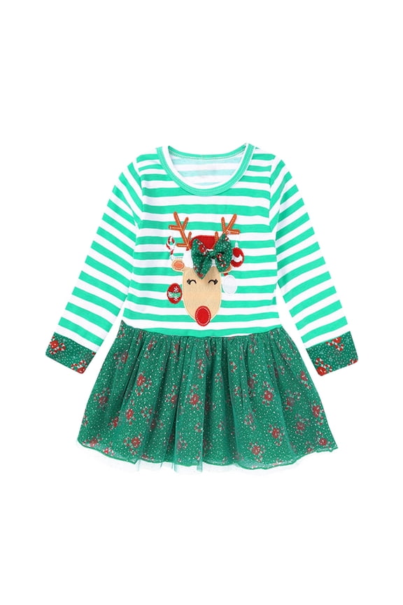 Girls Christmas Dress Green Striped Cute Deer Print Mesh Tulle Hem Pleated Mini Dress Long Sleeve T Shirt Dress (12 Months, Green)