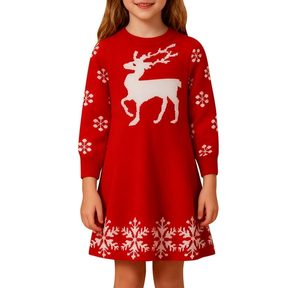 Girls' Christmas Dress Kids Cute Printed Long Sleeve Knit Sweater Dress Crew Neck Knee-Length Dress, Festive Wear
