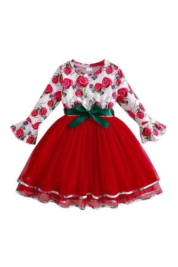 Girls Christmas Dress Long Sleeve Red Floral Print Tulle Tutu Dress with Bell Sleeves & Green Belt for Holiday Party, 3-10 Years,Size 4 T
