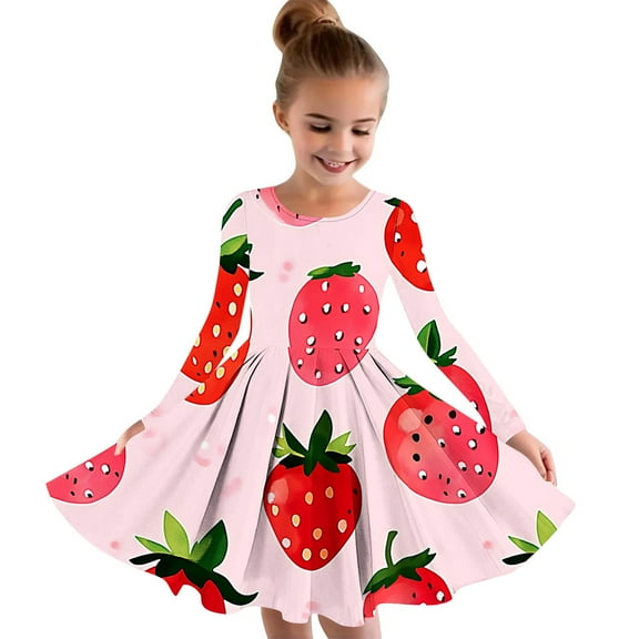 Girls Christmas Dress Red Swing Long Sleeve Dress Printed Tea-Party Xmas Dresses Casual A-Line Fall Dresses, Pink, 7 Years