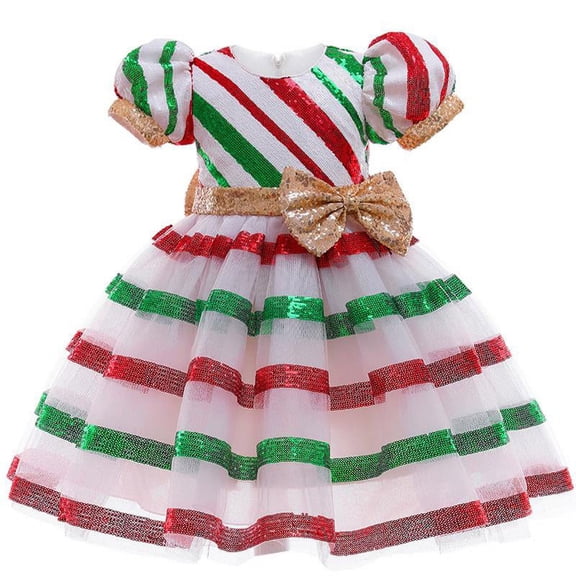 Girls Christmas Dress Sequin Mesh Princess Bow Birthday Xmas Party Costumes
