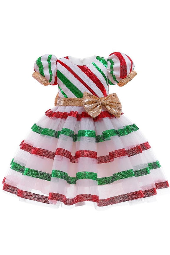 Girls Christmas Dress Sequin Mesh Princess Bow Birthday Xmas Party Costumes