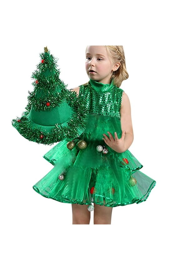 Girls Christmas Dresses Green Christmas Tree Skirt Dress Toddler Layered Tulle Sequin Formal Holiday Party Gown, Green, 6-7 Years