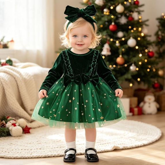 Girls Christmas Dresses Long Sleeve Crew Neck A-Line Winter Outfits Christmas Outfit Kid Dresses 3-6 Months