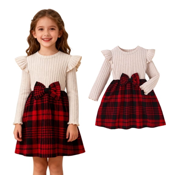 Girls Christmas Dresses Long Sleeve Plaid Dress Tutu Dress with Bow Fall Clothes for Kids Girls 5-6 Years
