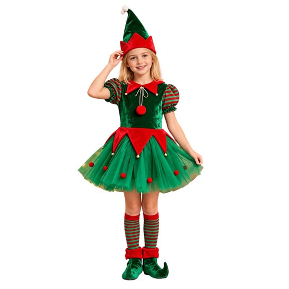 Girls Christmas Elf 4-Piece Tutu Set Velvet Tulle Dress with Hat Striped Socks Elf Shoe Covers Festive Holiday Outfit for Kids Carnival Party Dress Up(Green,7-8 Years)