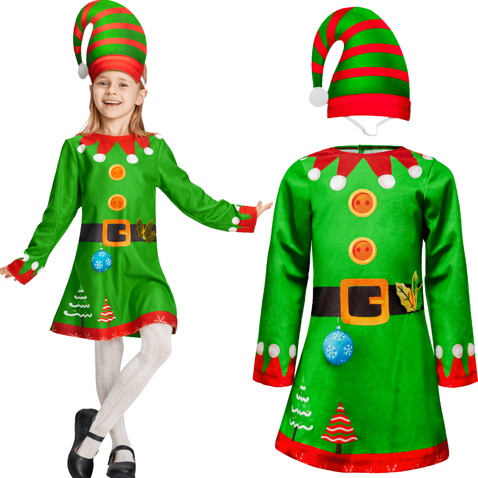 Girls Christmas Elf Costume, Xmas Santa Dress with Hat Headband 2 Pcs Suit for Little Kids