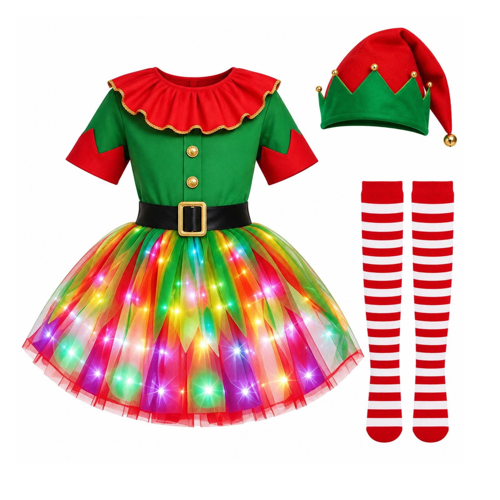Girls Christmas Elf Dress Green Santa Outfit with Belt Socks Hat ...
