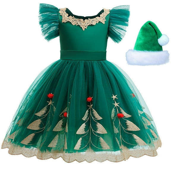 Girls Christmas Embroidery Dress With Hat Party Costume