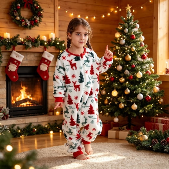 Girls Christmas Fleece One‑Piece Loungewear, Holiday Tree & Reindeer Print Zip‑Up Jumpsuit for Seasonal Home Wear(White,2-3 Years)