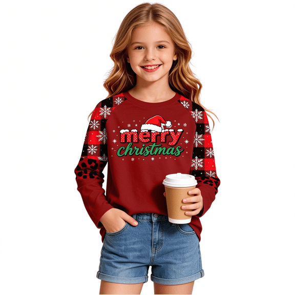 Girls Christmas Graphic T-Shirts Funny Casual Long Sleeve Crewneck Kids Holiday Xmas Tree Tops Red 8