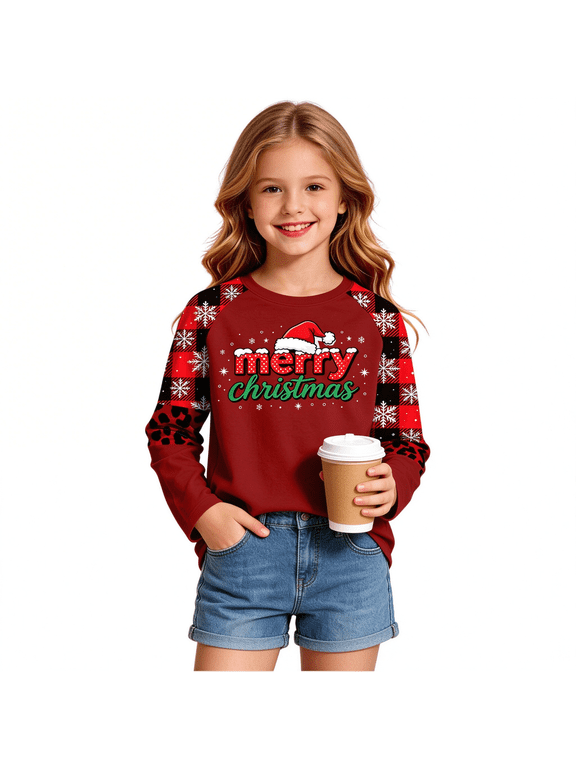 Girls Christmas Graphic T-Shirts Long Sleeve Casual Crewneck Funny Kids Holiday Xmas Tree Tops Red 3
