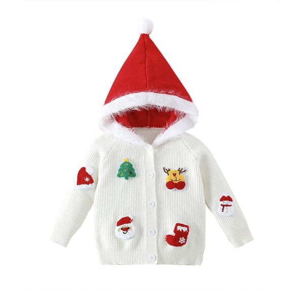 Girls Christmas Hoodie Cardigans Faux Fur Trim Hooded Sweaters Long Sleeve Button Down Knit Cardigan White, 3 Y