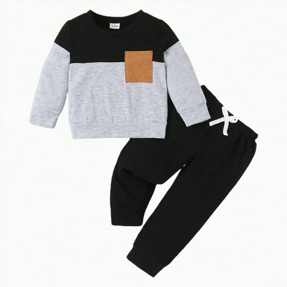 Kedxroy Toddler Baby Boy Fall Clothes Long Sleeve Color Block Crewneck Sweatshirt + Jogger Pant Infant Boys Winter Outfits(Black,9-12 M)