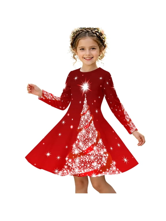 Girls Christmas Long Sleeve Dress, Kids Cute Christmas Funny Print A-Line Swing Dress, Fall Winter Holiday Party Casual Princess Dress for Little Girls(Red4,4-5 Years)