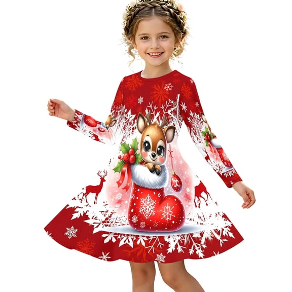 Girls Christmas Long Sleeve Dress, Kids Cute Christmas Funny Print A-Line Swing Dress, Fall Winter Holiday Party Casual Princess Dress for Little Girls(Red1,3-4 Years)