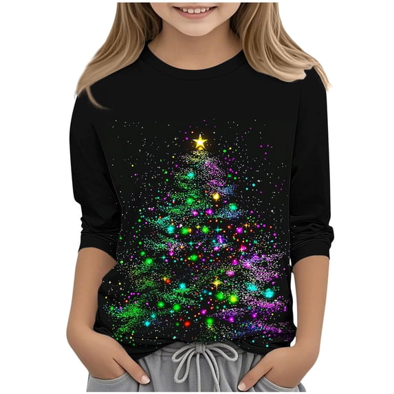 Girls Christmas Long Sleeve T Shirt Green Kids Holiday Tree Graphic Tee,Size 9-10T