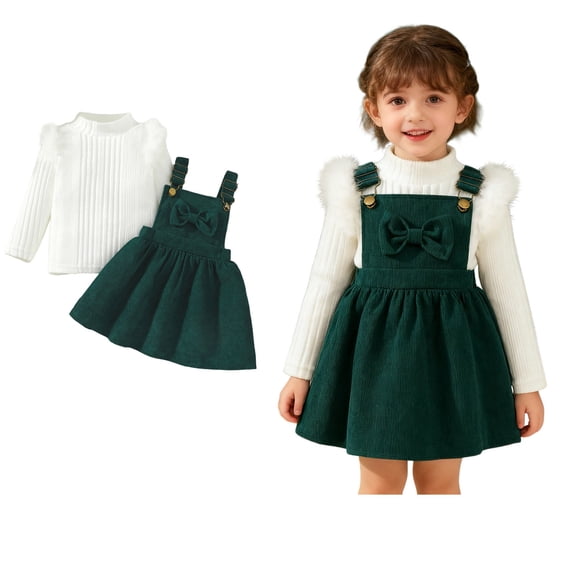 Girls Christmas Outfit Long Sleeve Ribbed Top Overall Dress 2 Piece Outfit Set Toddler Girl Fall Dress 2-3 Years