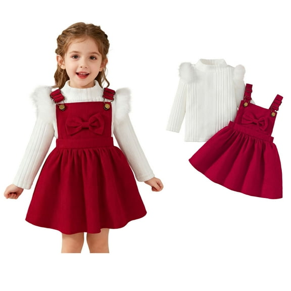 Girls Christmas Outfit Long Sleeve Ribbed Top Overall Dress 2 Piece Set Fall Outfits for Toddler Girls 18-24 Months