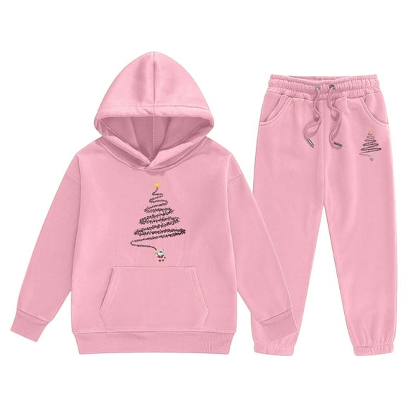 Girls Christmas Outfit Set - Lined Hoodie and Jogger Pants, Warm Winter Tracksuit for Kids, Cozy Holiday Printed Sweatshirt and Pants Set