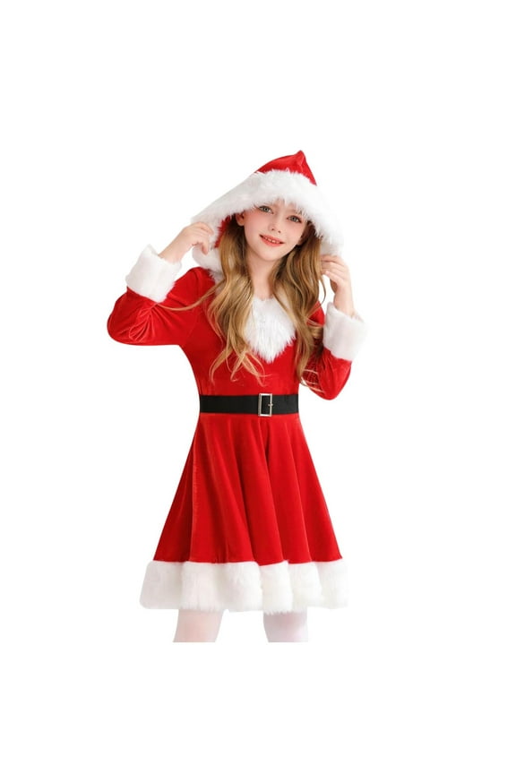 Girls Christmas Outfits Hooded Santa Claus Red Dress White Faux-Fur Trim Long Sleeve Party Short Dress 1-11 Years (5-7 Years, Red)