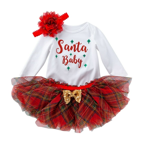 Girls Christmas Outfits Set Baby Girl 1st Christmas Outfits Letter Print Romper+Plaid Tutu Dress+Headband 3PCS Clothes Set Red 6 Months-12 Months
