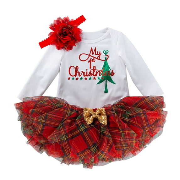 Girls Christmas Outfits Set Baby Girl 1st Christmas Outfits Letter Print Romper+Plaid Tutu Dress+Headband 3PCS Clothes Set White 3 Months-6 Months