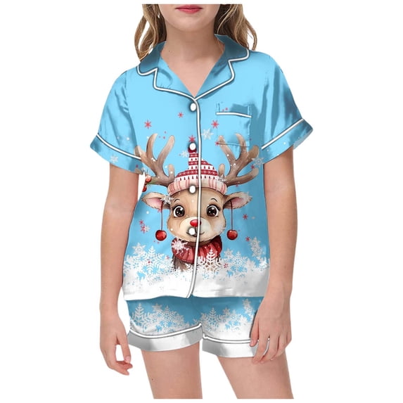 Girls Christmas Pajama Set Holiday Themed Short Sleeve Button Down Top and Comfortable Shorts Cute Sleepwear for Kids Festive Family Matching Outfit