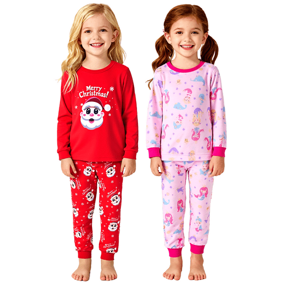 Girls Christmas Pajamas 4 Piece Girls Kids Sleepwear Toddler Long Sleeve Pajamas Winter Nightwear Age 2-12 Years