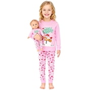 Girls Christmas Pajamas Kids Long Sleeve Sleepwear with Santa Claus and Snowman Suit for Girls 2-12 Years and 18" Dolls Clothes