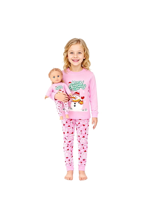 Girls Christmas Pajamas,Kids Long Sleeve Sleepwear with Santa Claus and Snowman Suit for Girls 2-12 Years and 18" Dolls Clothes