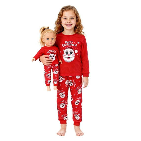 Girls Christmas Pajamas,Kids Long Sleeve Sleepwear with Santa Claus and Snowman Suit for Girls 2-12 Years and 18" Dolls Clothes